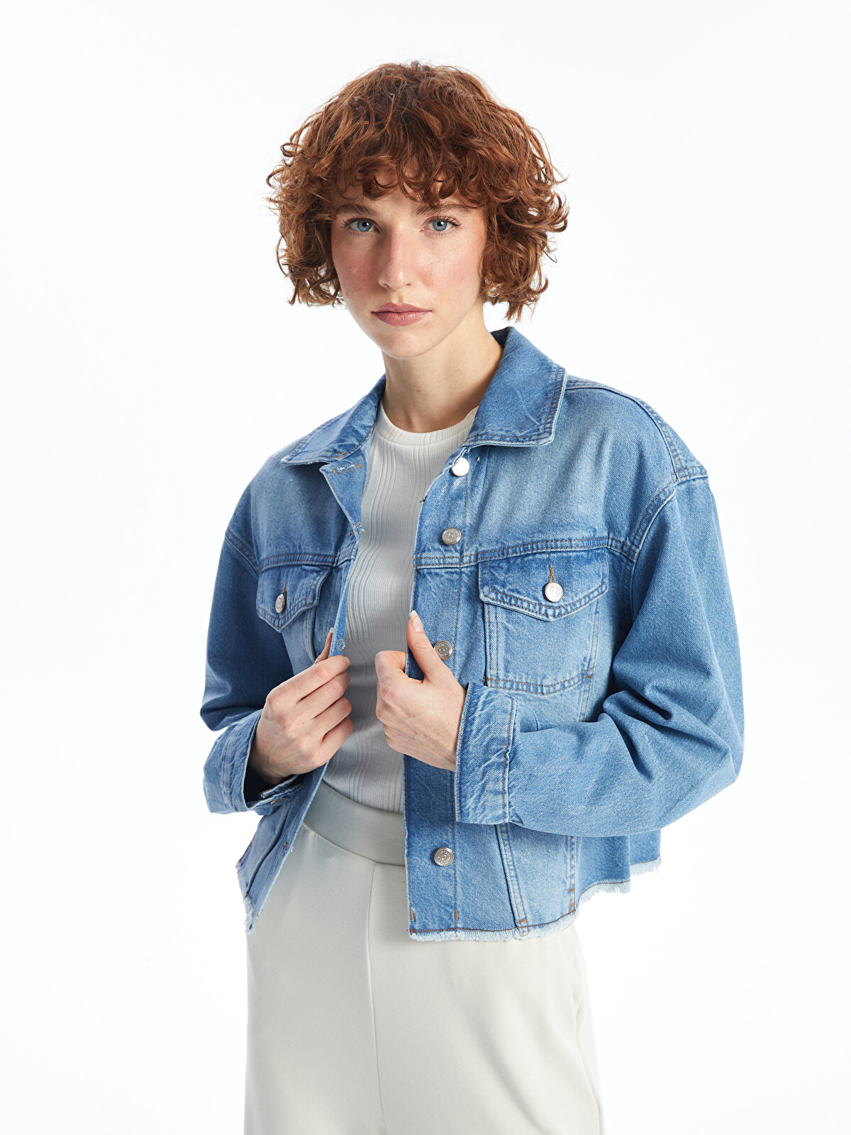 LCW Vision Gömlek Yaka Crop Kadın Jean Ceket - S4JC24Z8-311 | LC