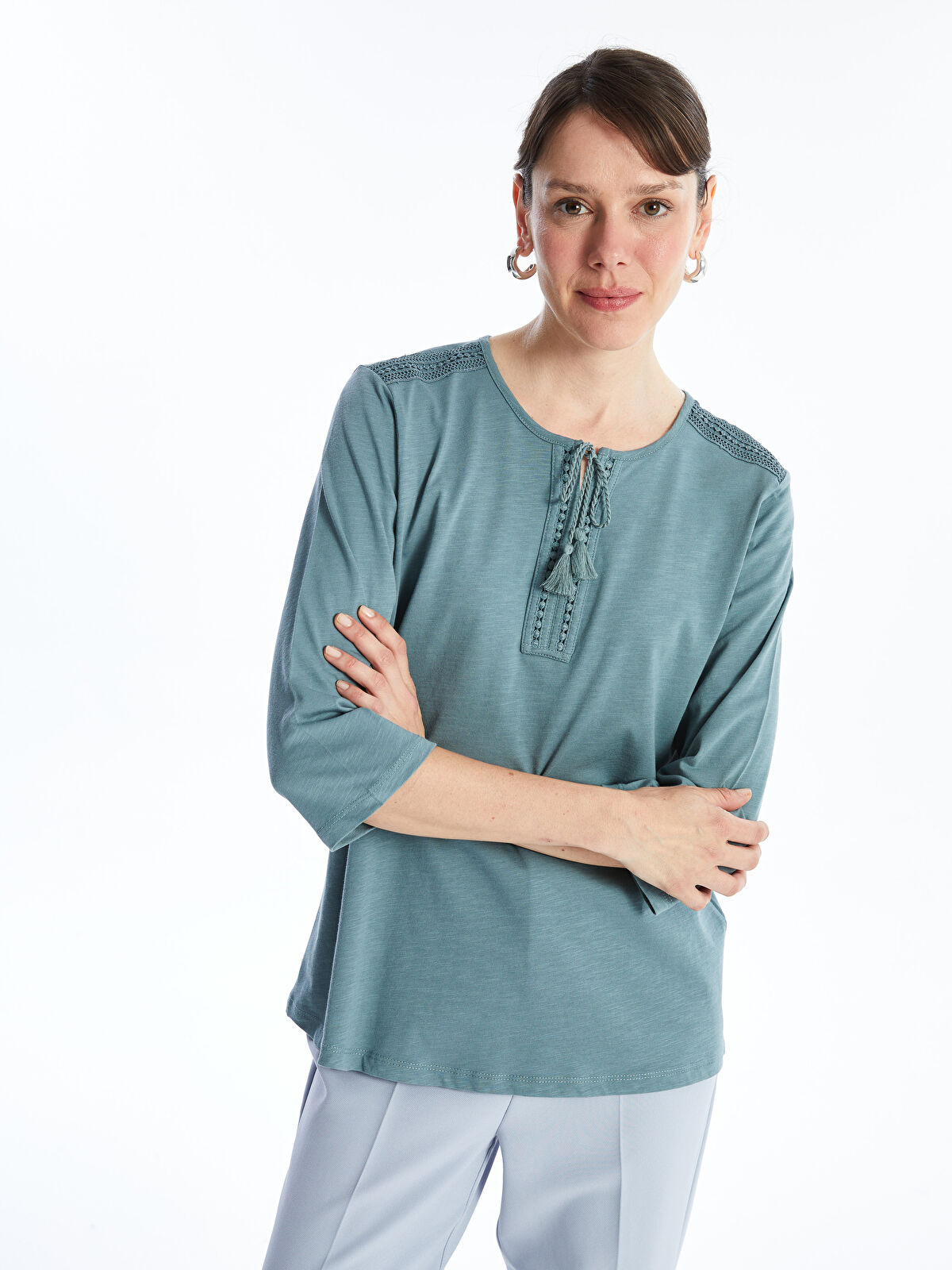 人気の Tie Neck Waikiki LC - -S4K554Z8-H1Y Blouse Women's Embroidered トップス