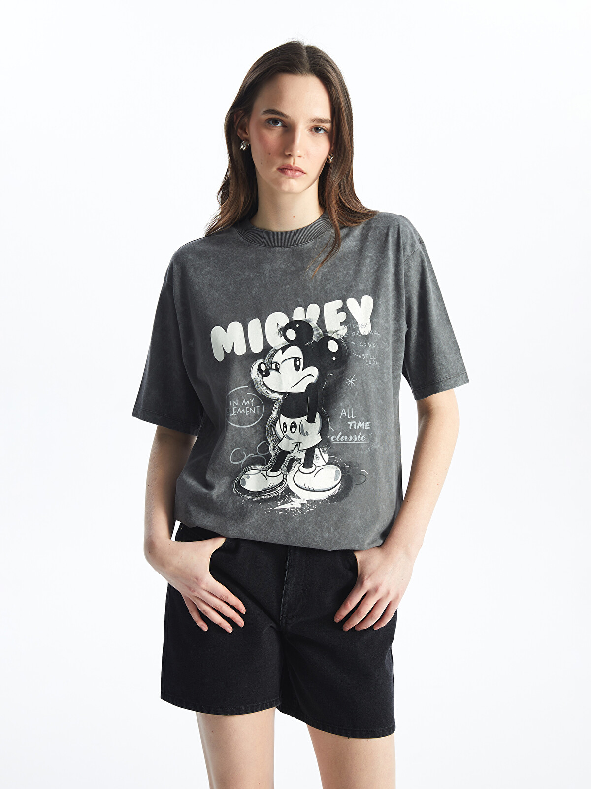 MIKI LCW Vision Bisiklet Yaka Mickey Mouse Baskılı Kısa Kollu Oversize
