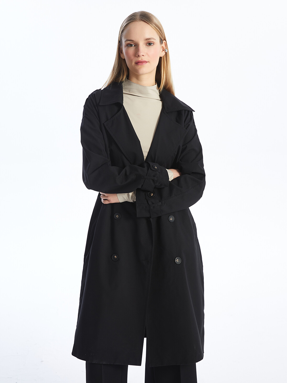 ゆき LCW Modest Siyah Ceket Yaka Oversize Kadın Trençkot - S4KF80Z8-RQL