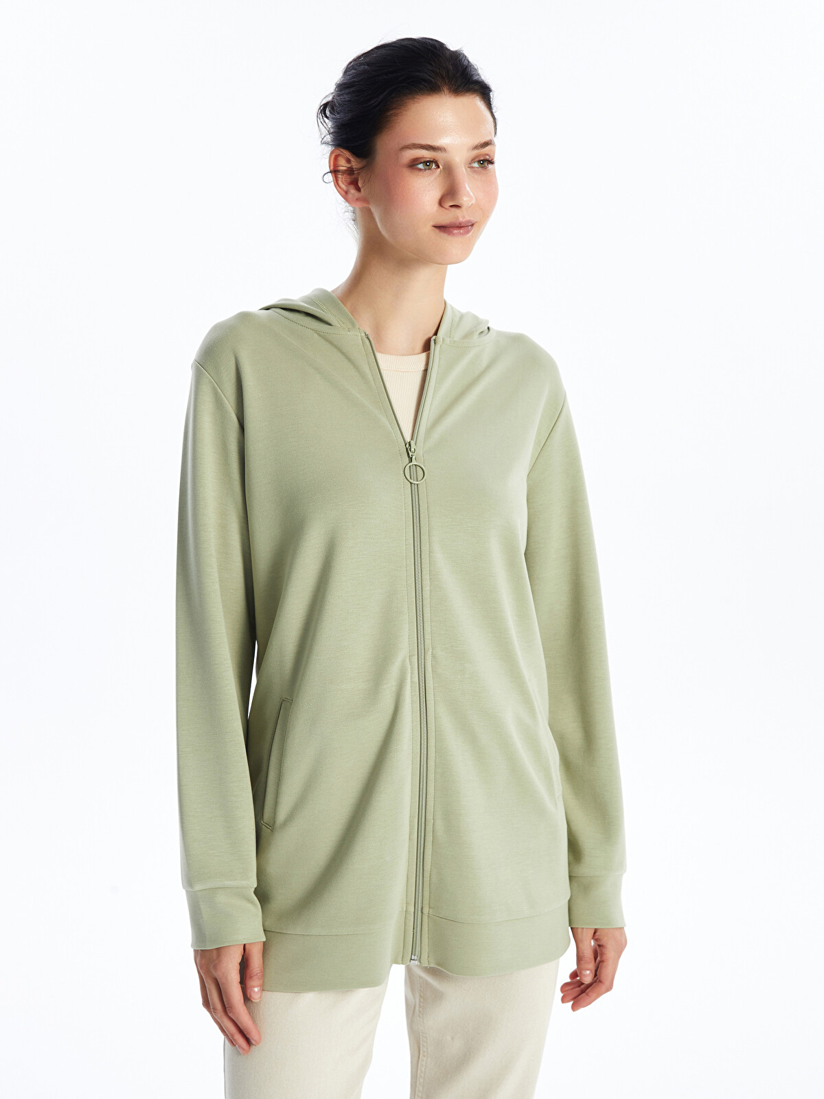 LCWAIKIKI Basic Kapüşonlu Düz Oversize Kadın Fermuarlı Sweatshirt