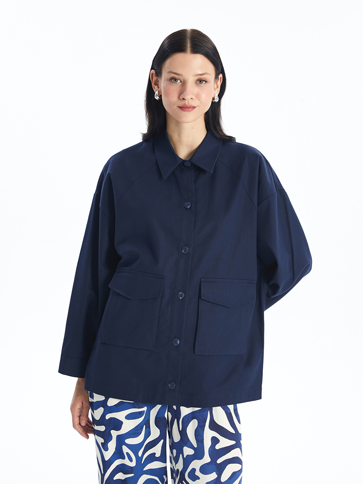 LC タング ネイビー LCW Modest Plain Oversize Linen Blend Women's Shirt Tunic