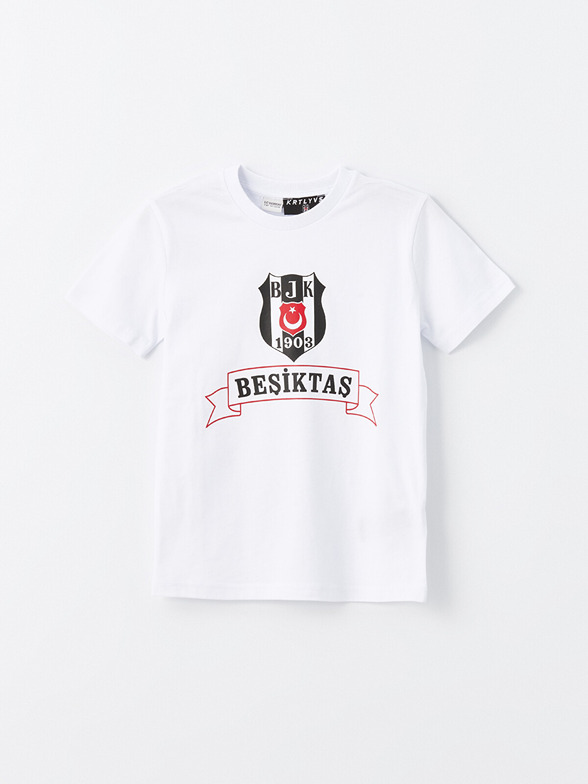 LCW Kids Beyaz Bisiklet Yaka Beşiktaş Baskılı Erkek Çocuk Tişört