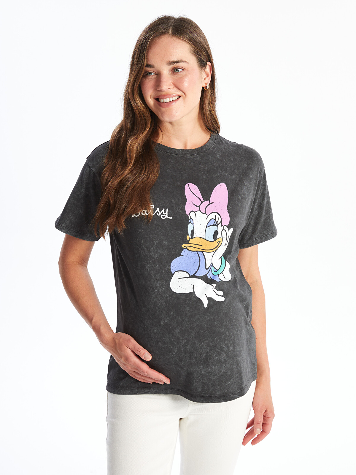 LCWAIKIKI Maternity Gri Bisiklet Yaka Daisy Duck Baskılı Kısa