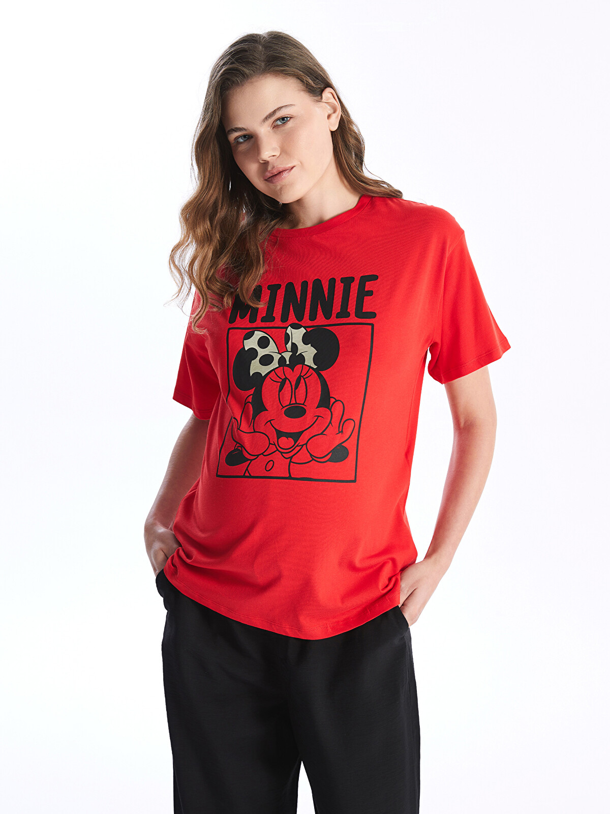 LCWAIKIKI Maternity Kırmızı Bisiklet Yaka Minnie Mouse Baskılı