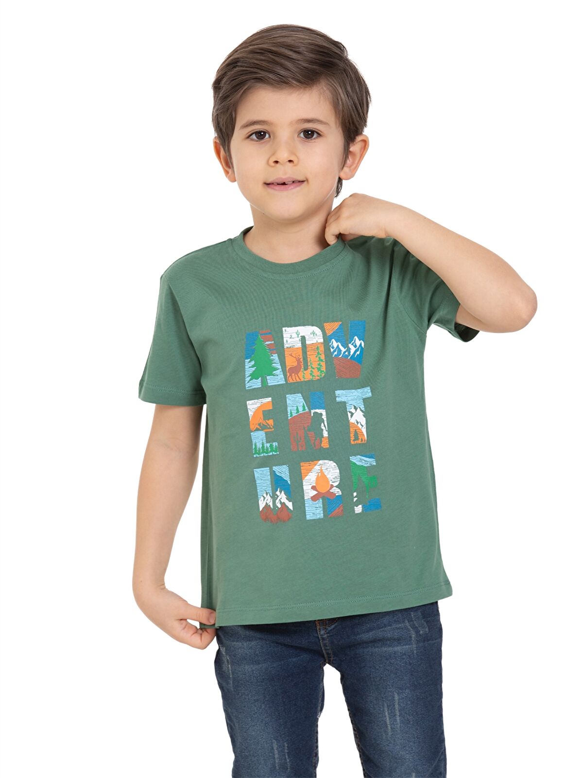 Myhanne Haki Bisiklet Yaka Baskılı Erkek Çocuk Tişört - S4M361Z4