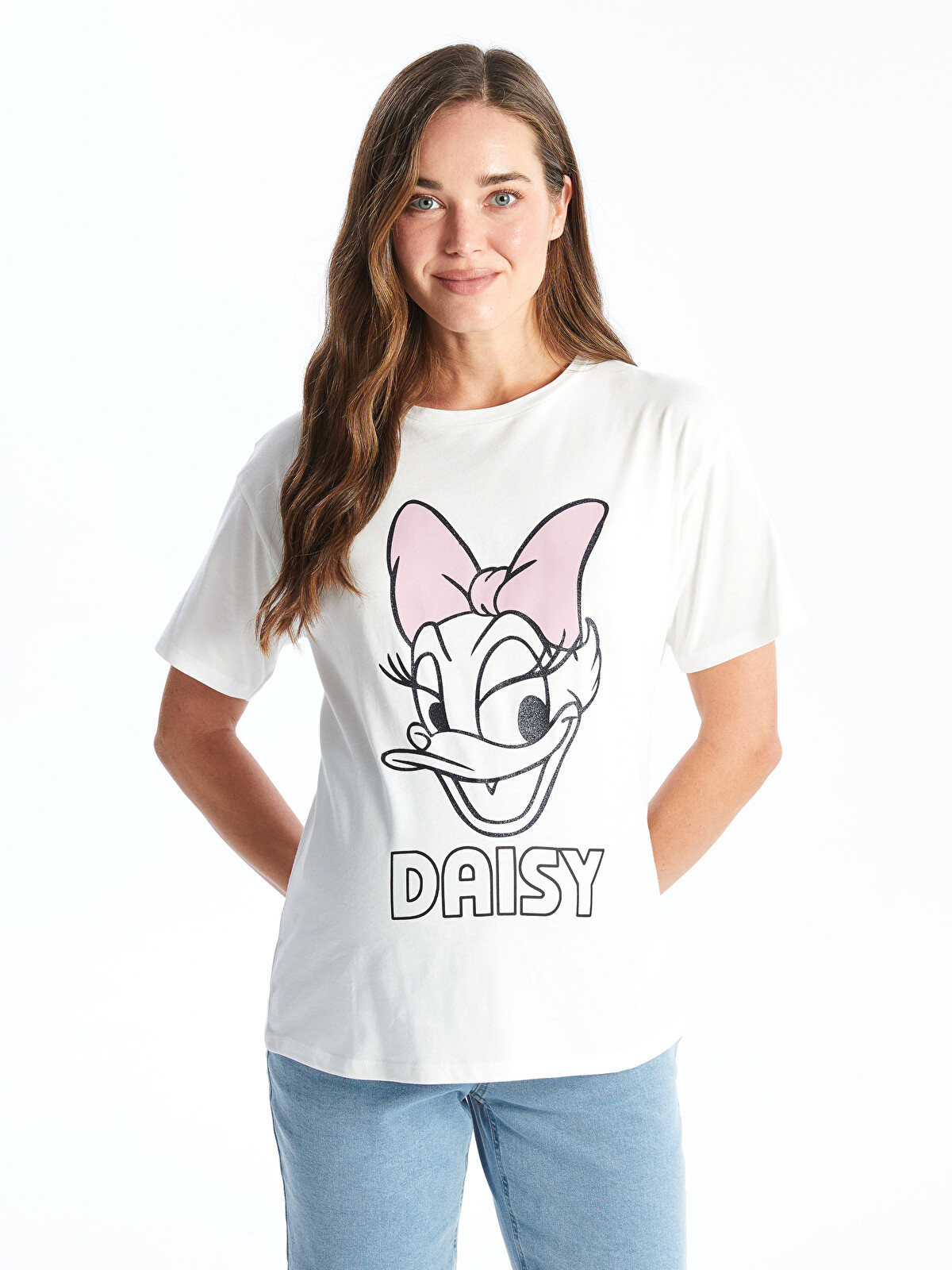 LCWAIKIKI Maternity Beyaz Bisiklet Yaka Daisy Duck Baskılı Kısa