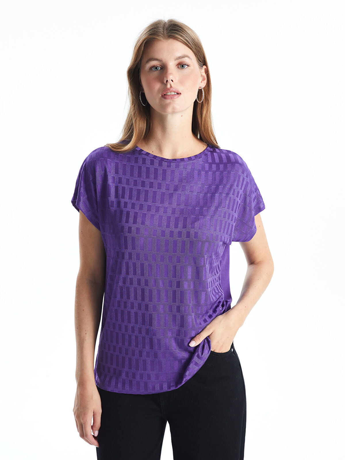 LCW EVERYDAY Crew Neck Patterned Short Sleeve Oversize Women's T