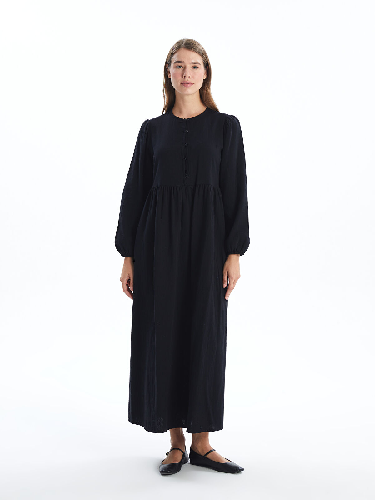 LCW Modest Siyah Bisiklet Yaka Düz Uzun Kollu Kadın Elbise