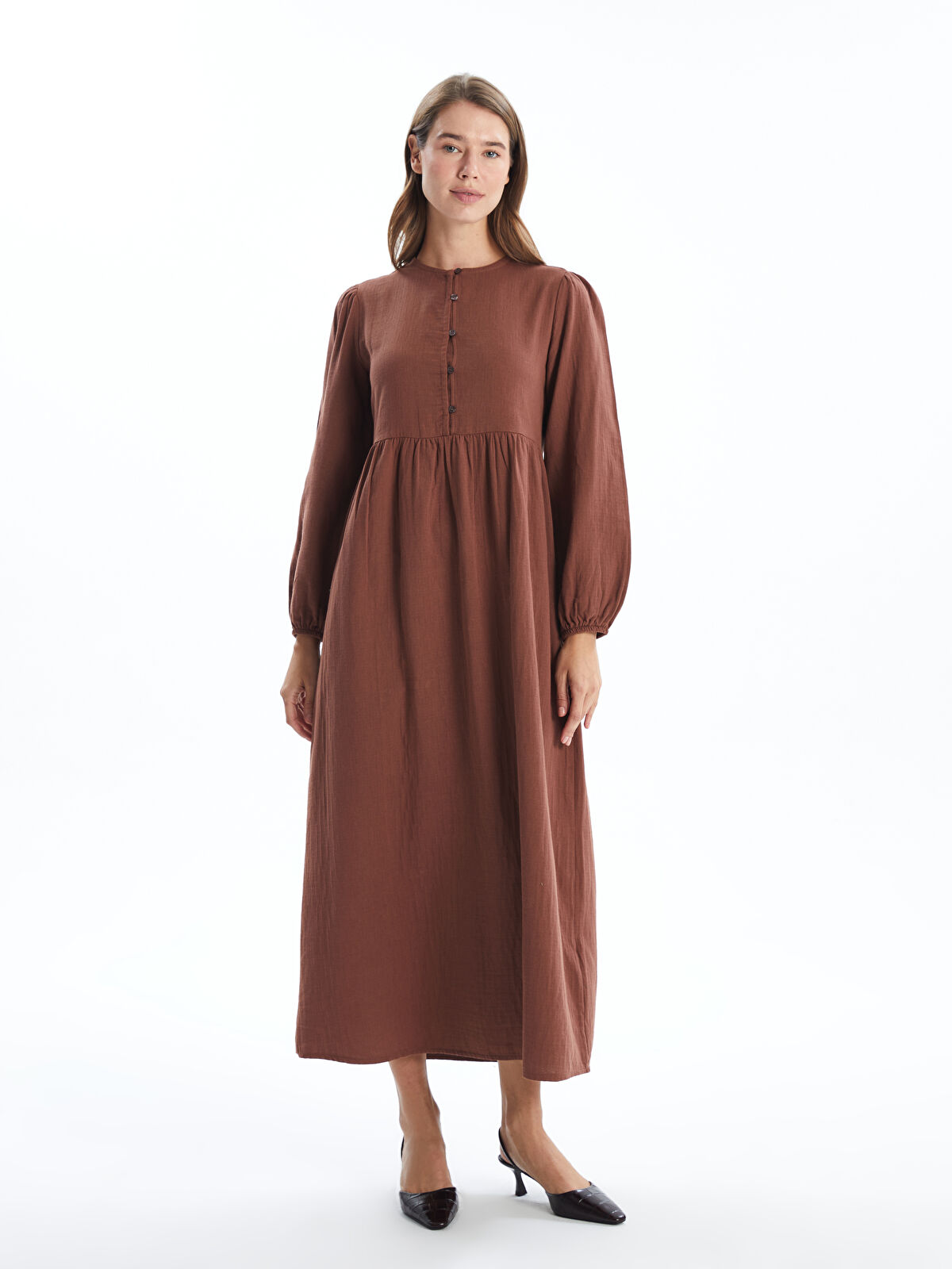 LCW Modest Kahverengi Bisiklet Yaka Düz Uzun Kollu Kadın Elbise