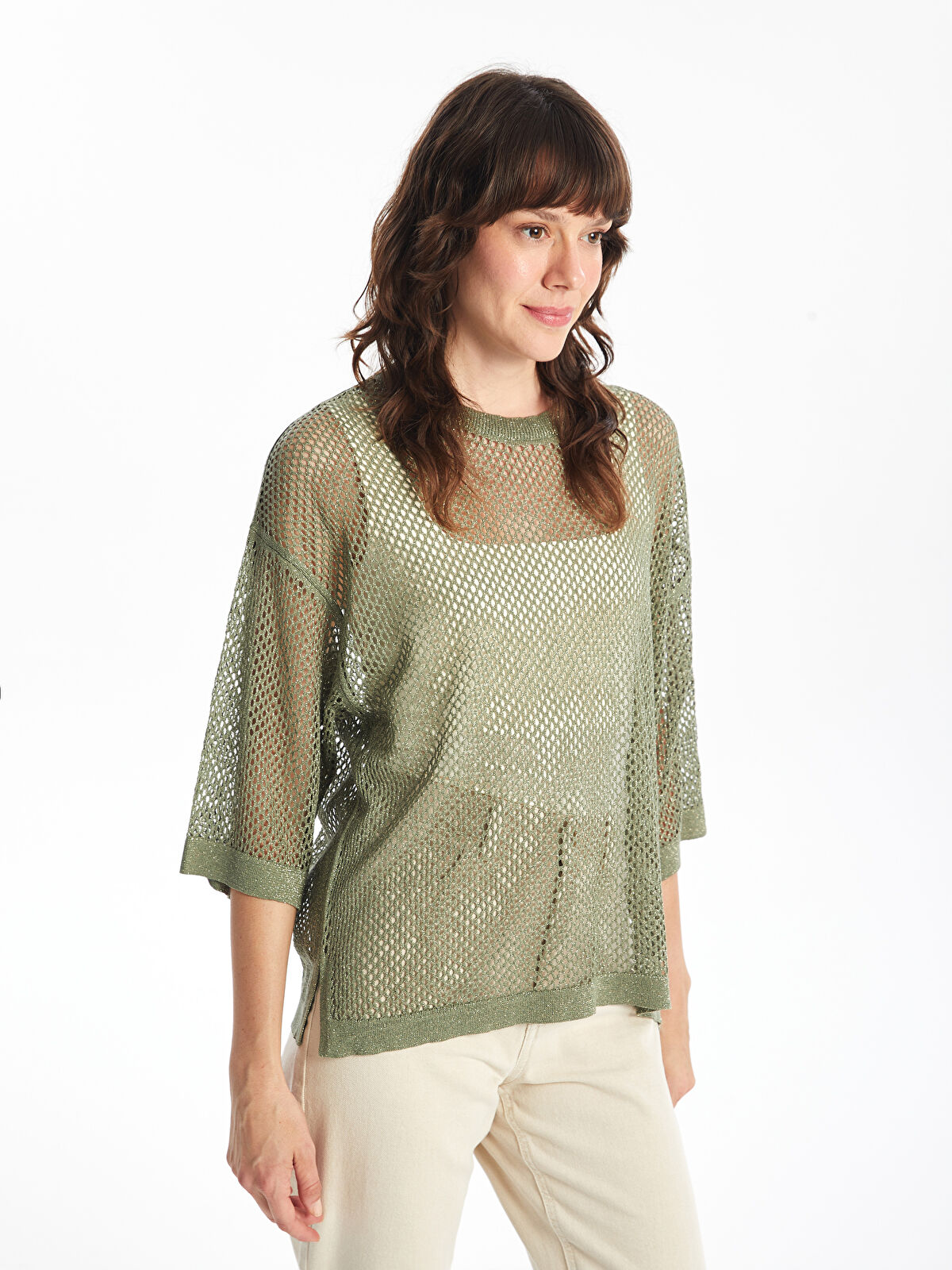 LCWAIKIKI Basic Yeşil Bisiklet Yaka Ajurlu Kadın Triko Kazak