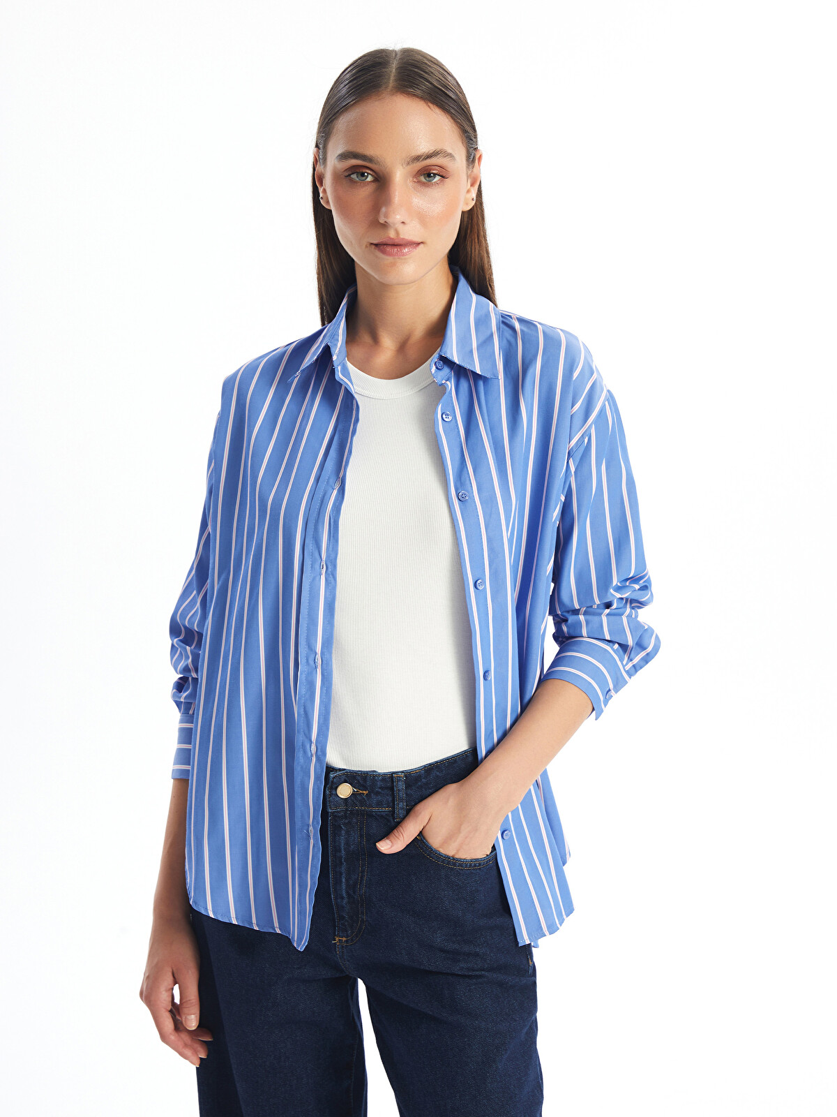 LCW Vision Striped Long Sleeve Oversize Women's Shirt - S4NN80Z8