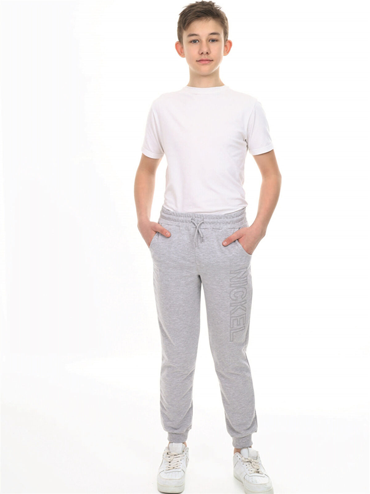 NICKEL Gri Beli Lastikli Baskılı Erkek Çocuk Eşofman Altı