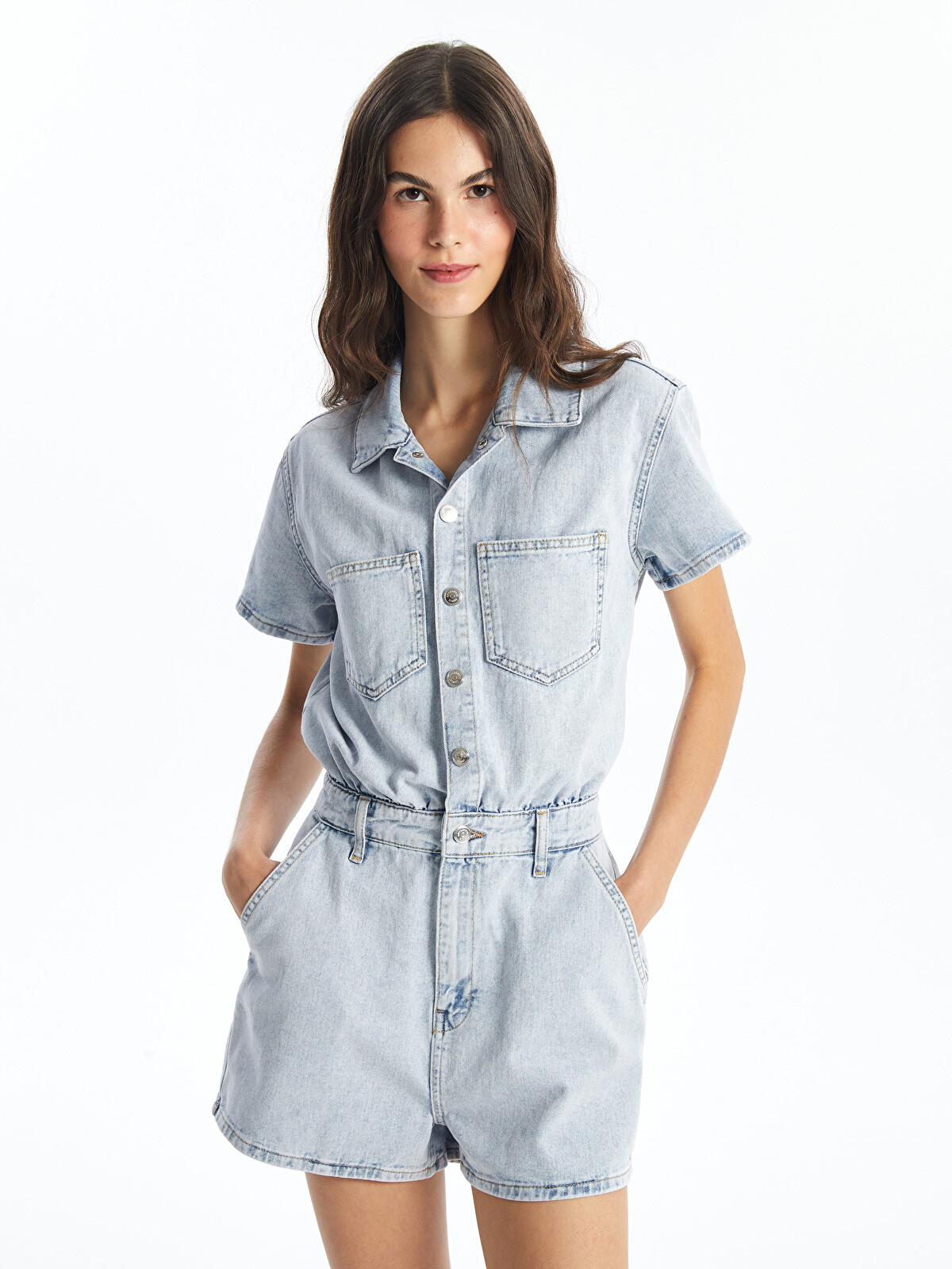 LCW Vision Collared Neck Plain Short Sleeve Women's Denim Jumpsuit