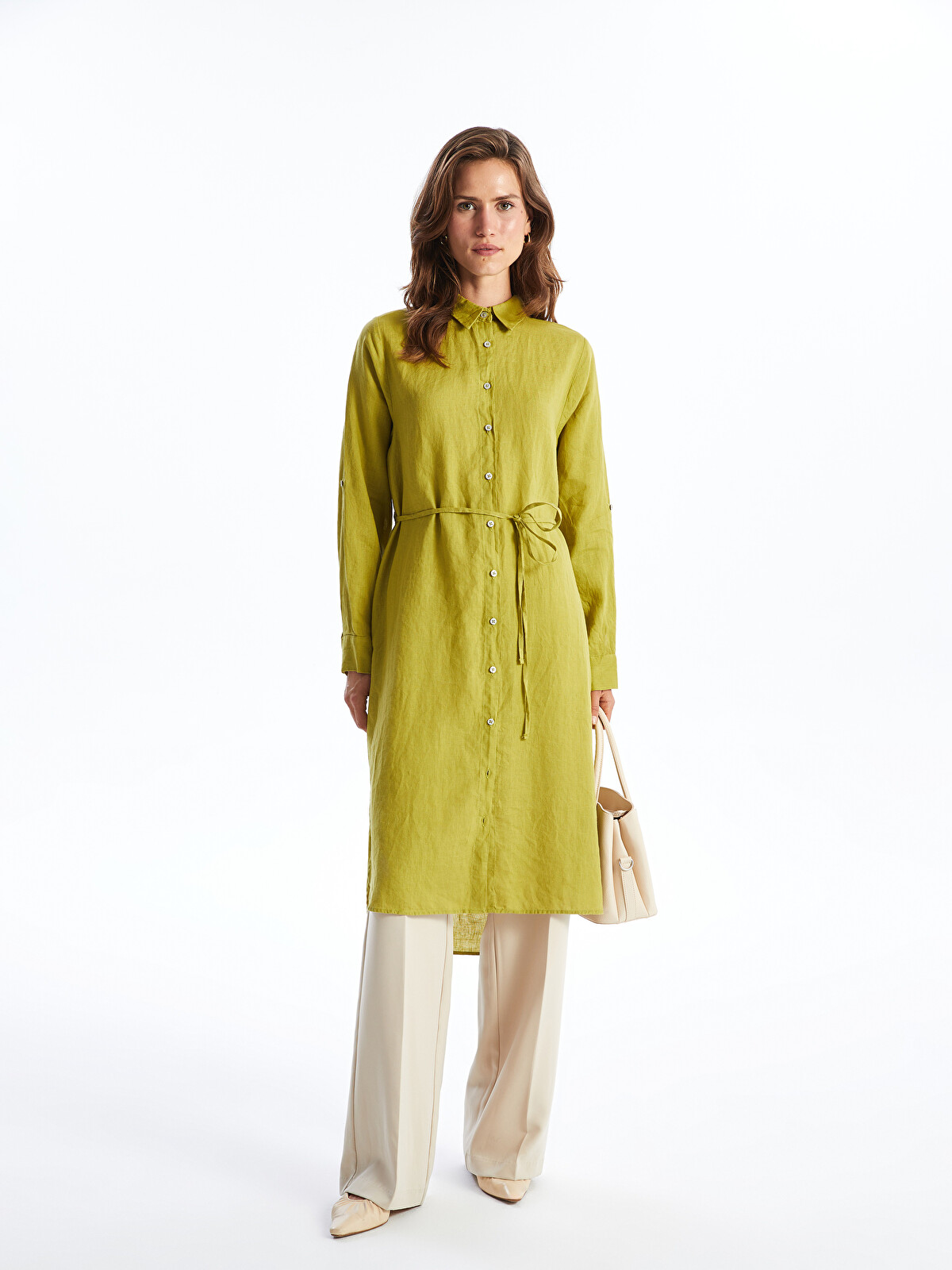 LCWAIKIKI Classic Yeşil Oversize %100 Keten Kadın Gömlek Tunik
