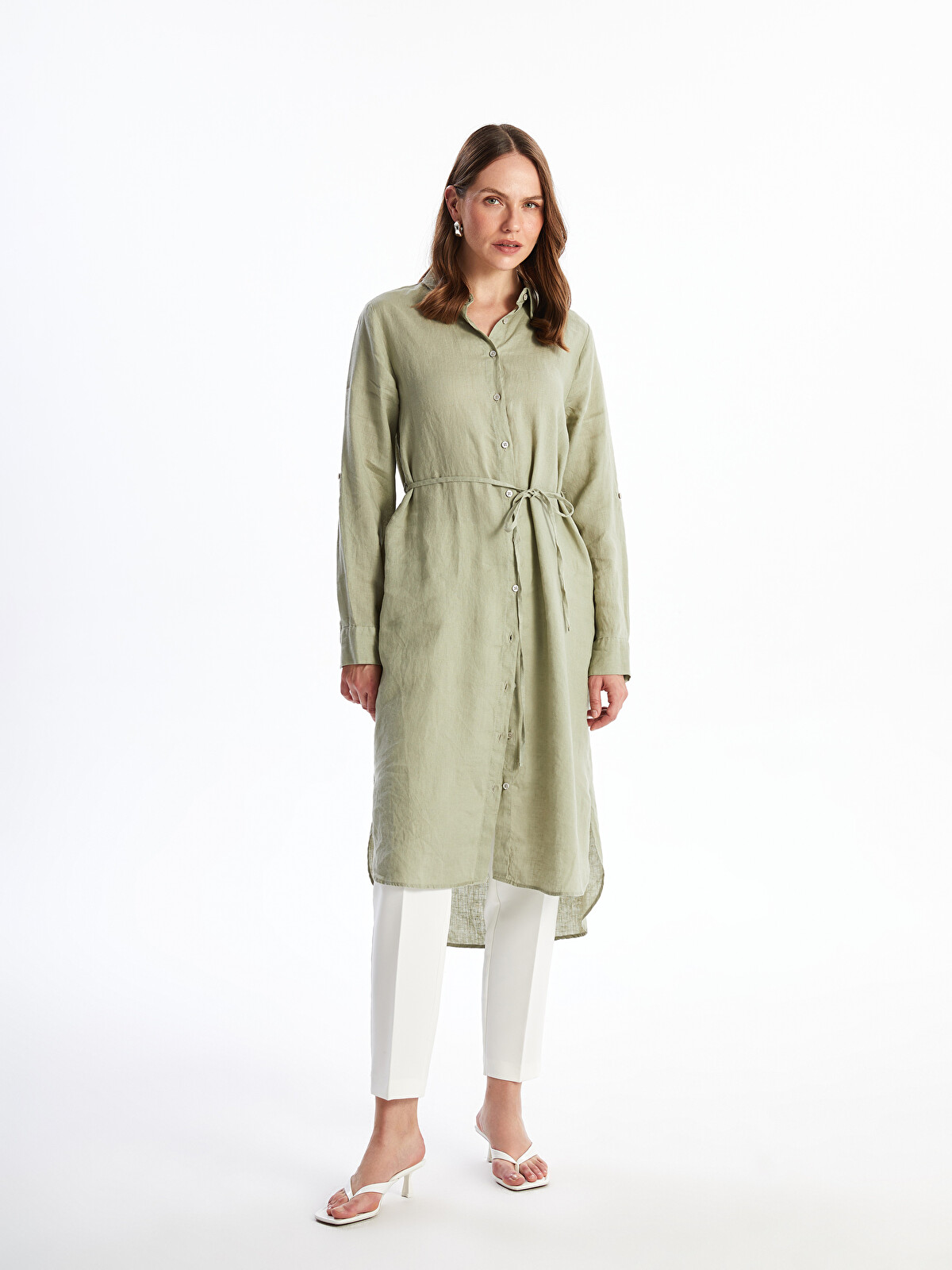LCWAIKIKI Classic Haki Oversize %100 Keten Kadın Gömlek Tunik