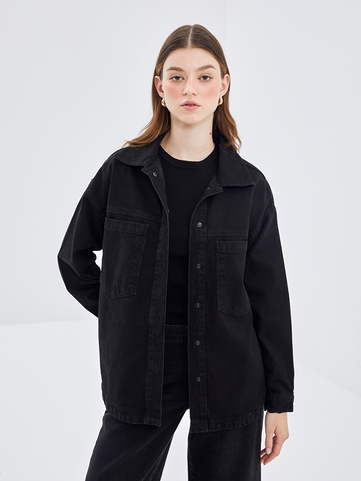 LCW Modest İndigo Denim Düz Loose & Bol Kadın Gömlek Ceket