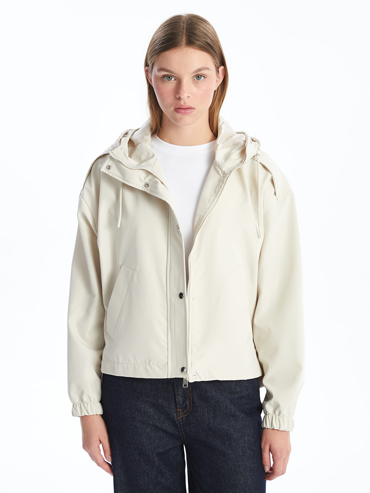 LCW Vision Bej Kapüşonlu Oversize Kadın Yağmurluk - W40066Z8-SB4 | LCW