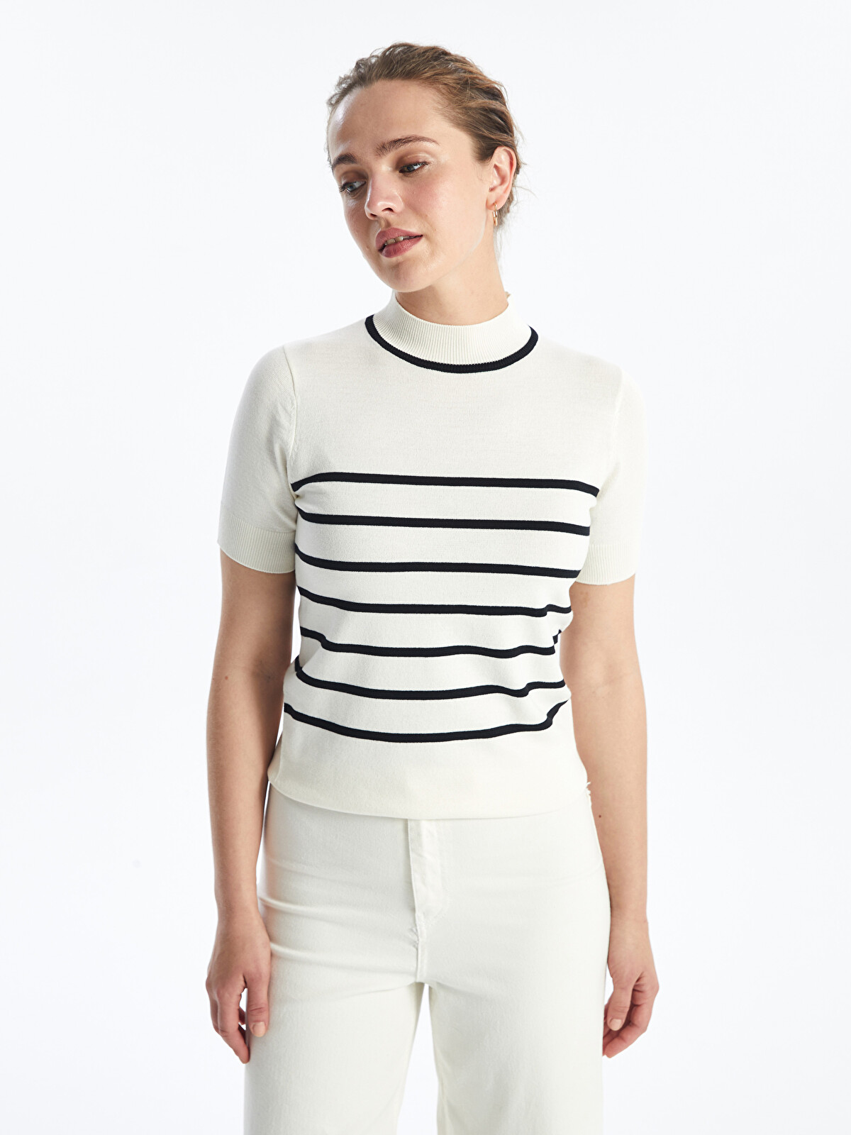 LCW Modest Funnel Neck Striped Short Sleeve Women's Knitwear