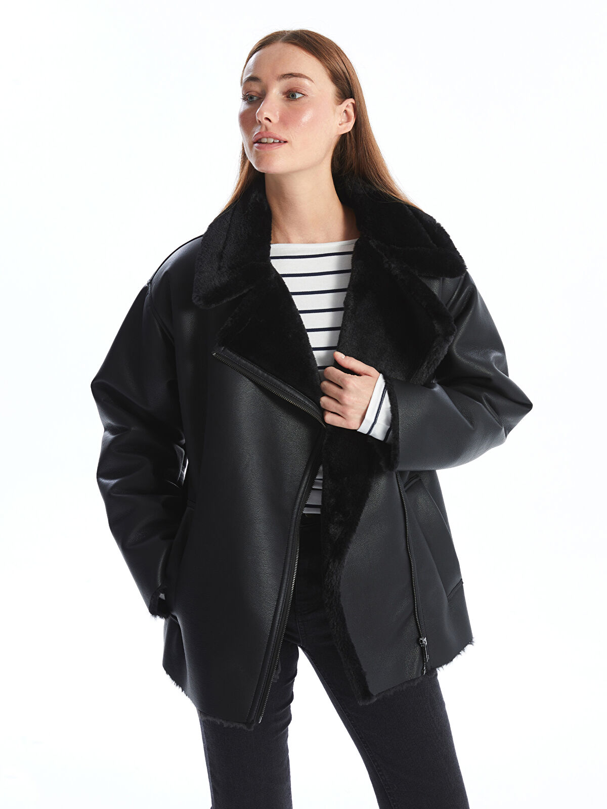LCWAIKIKI Classic Biker Neck Women's Faux Leather Coat - W40767Z8