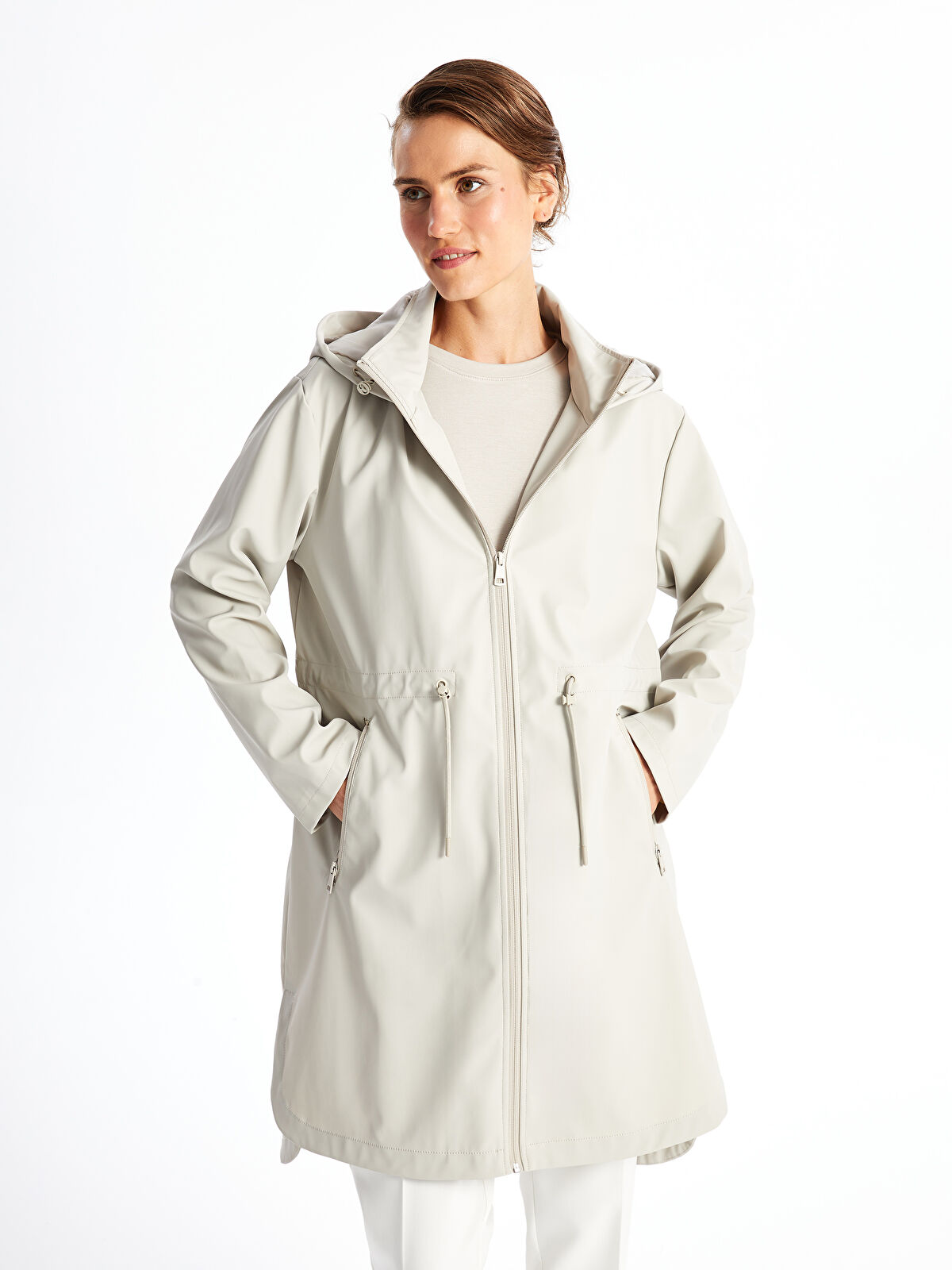 LCWAIKIKI Classic Gri Kadın Kapüşonlu Düz Yağmurluk - W40803Z8-G6W
