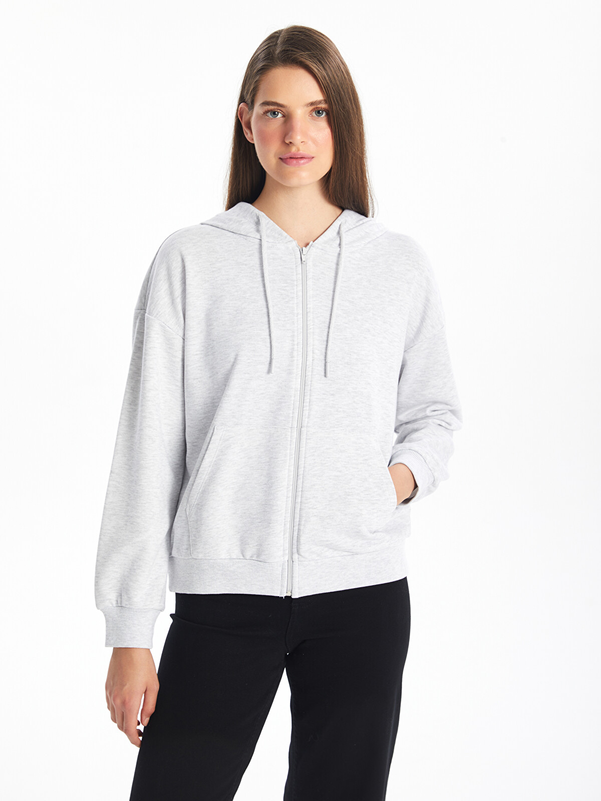 LCW Vision Hooded Plain Oversize Women's Zip-Up Sweatshirt