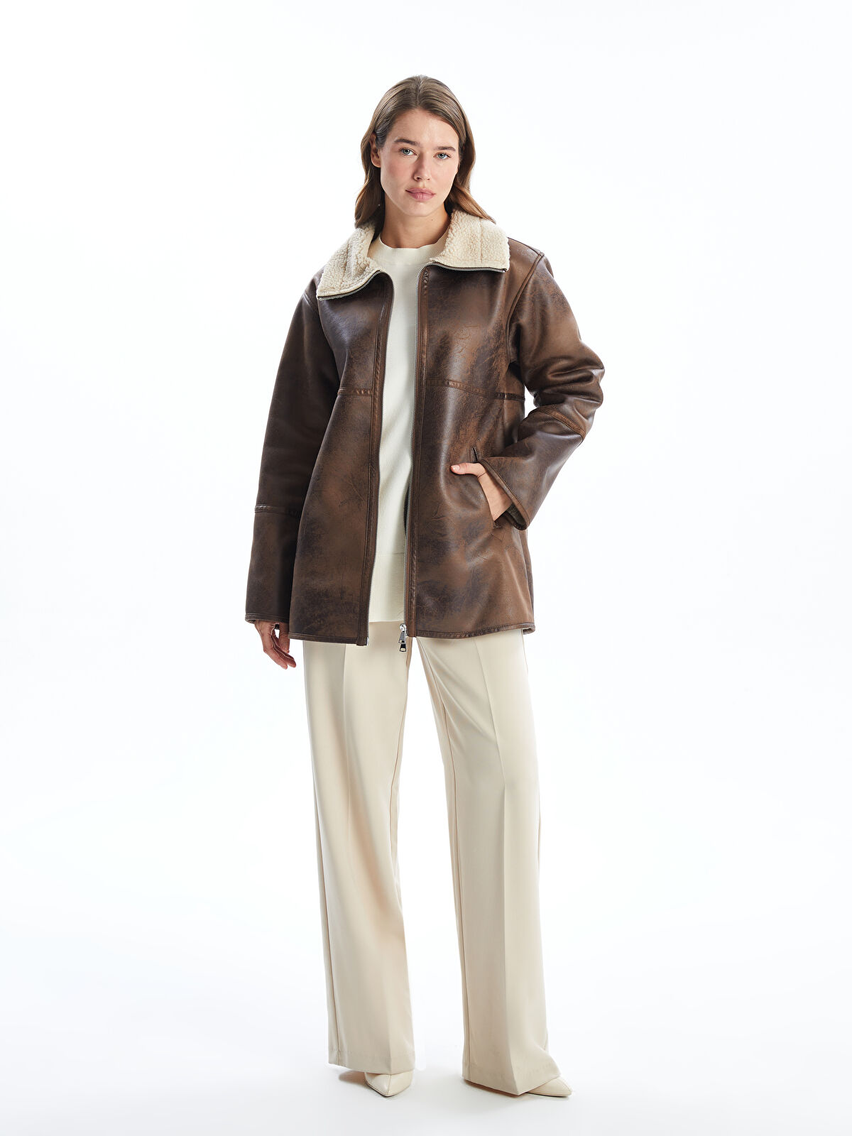 ★SCULPTOR★ Portrait Neck Faux Leather Jacket Taupe SC24A10 ☆SCULPTOR☆ Portrait Neck Faux Leather Jacket Taupe SC24A10