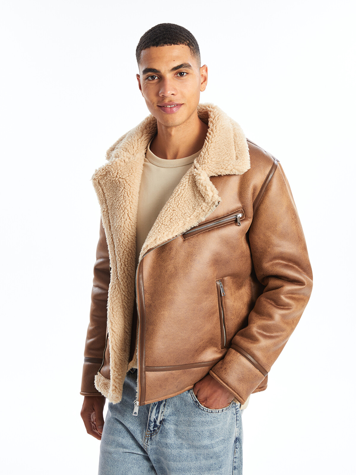 XSIDE Standard Fit Biker Neck Men's Leather Look Coat - W42521Z8