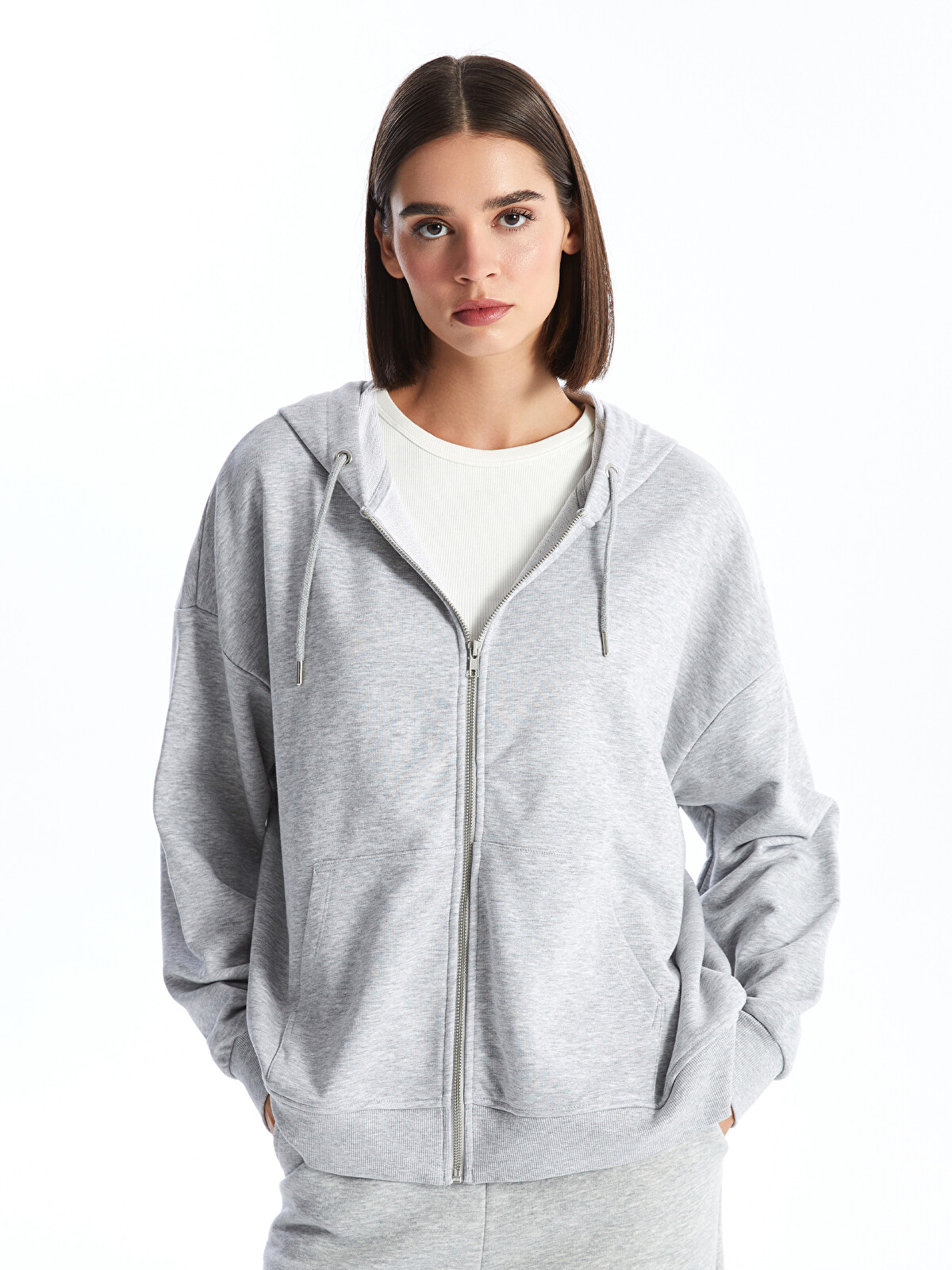 LCW Vision Gri Kapüşonlu Oversize Kadın Fermuarlı Sweatshirt
