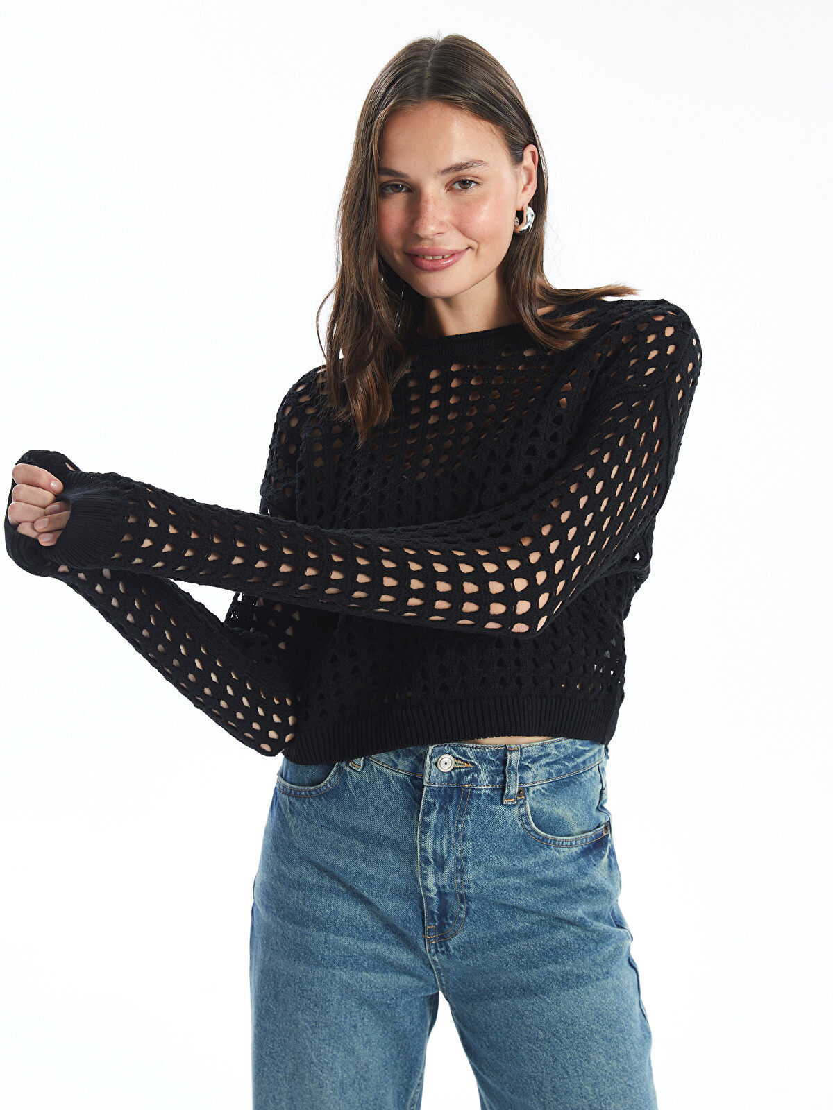 XSIDE Crew Neck Hole-Knitted Long Sleeve Women's Knitwear Sweater