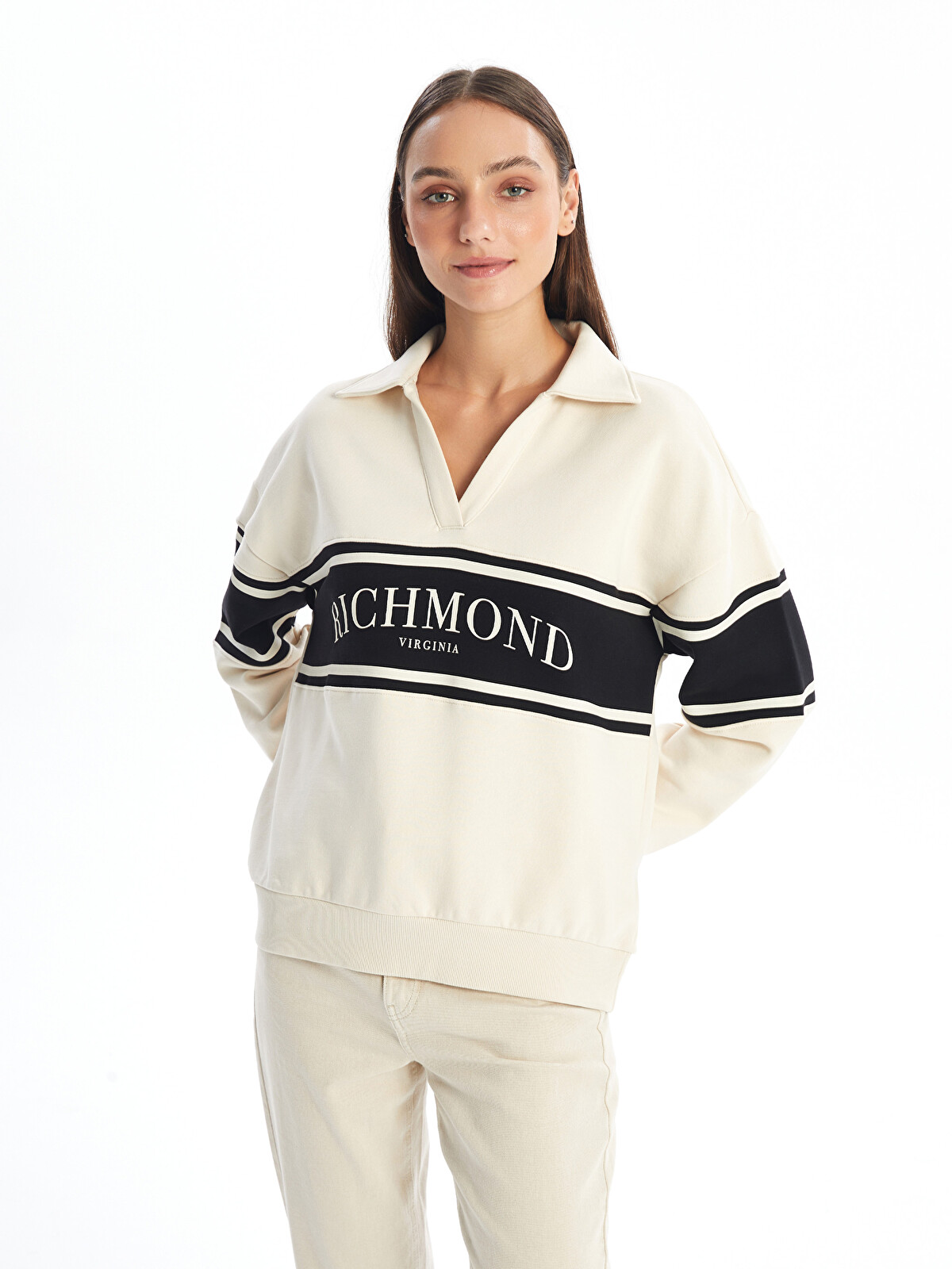 LCW Vision Polo Yaka Baskılı Oversize Kadın Kalın Sweatshirt