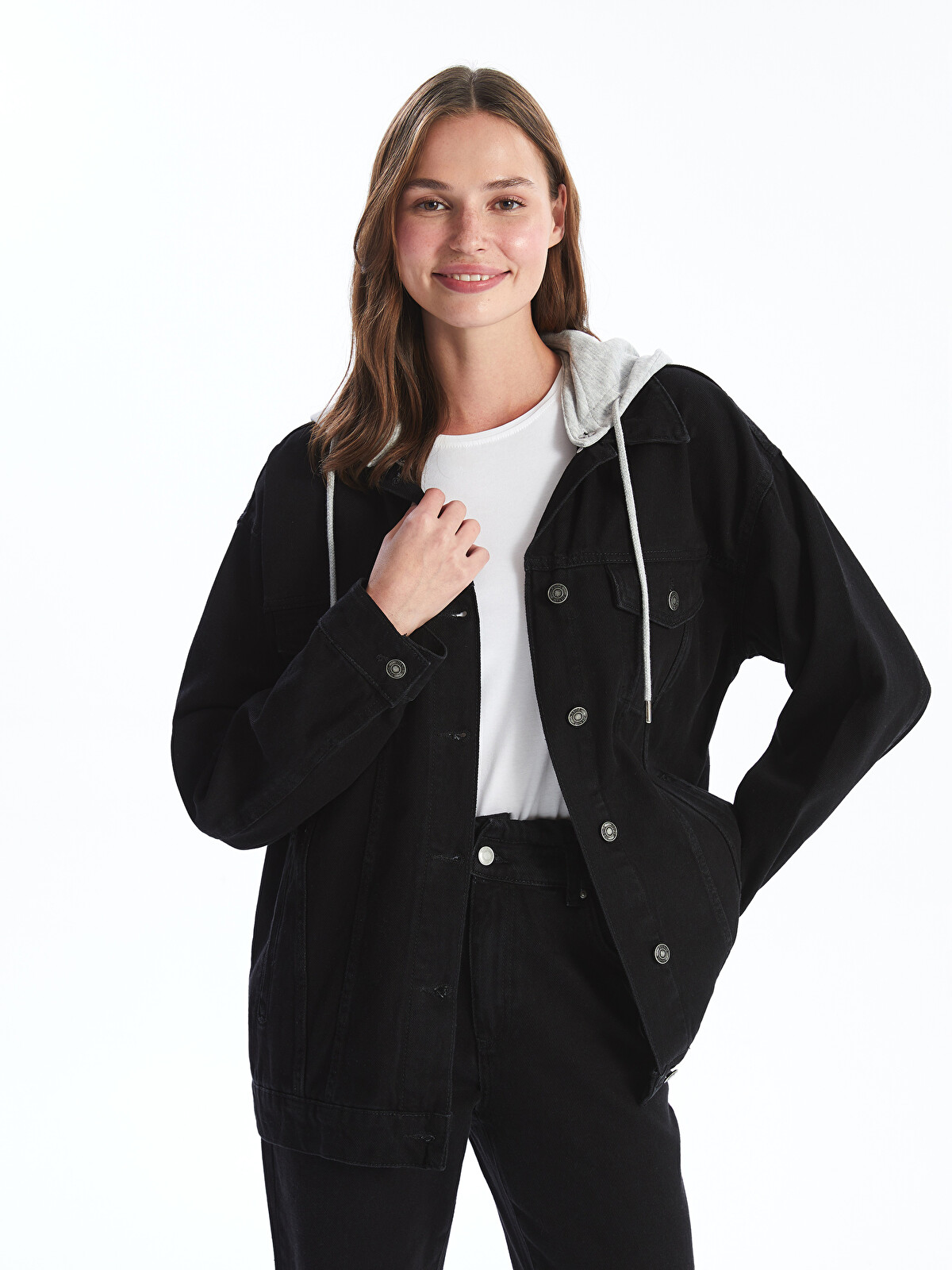 XSIDE Siyah Kapüşonlu Kadın Jean Ceket - W46183Z8-CVL | LCW