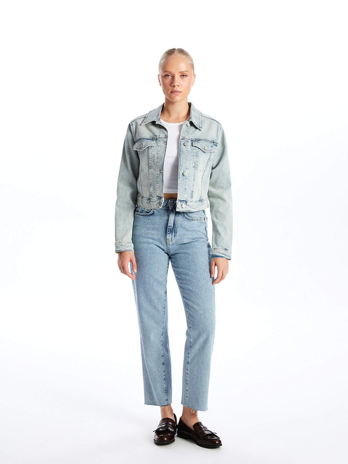 XSIDE Collared Neck Crop Women's Denim Jacket - W46184Z8-K9M - LC