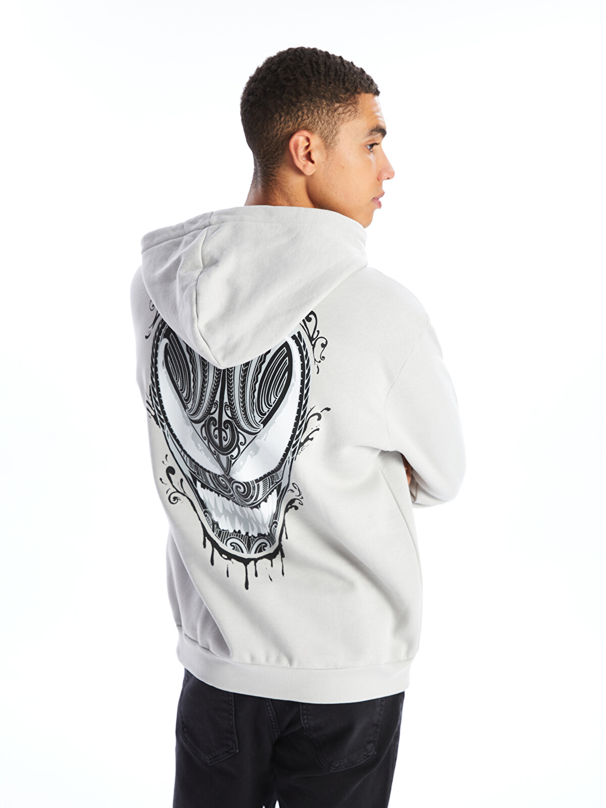 XSIDE Gri Uzun Kollu Venom Baskılı Erkek Kalın Hoodie - W46461Z8