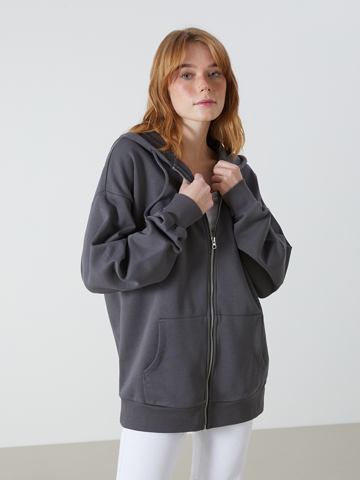 XSIDE Kapüşonlu Düz Uzun Kollu Oversize Kadın Fermuarlı Sweatshirt