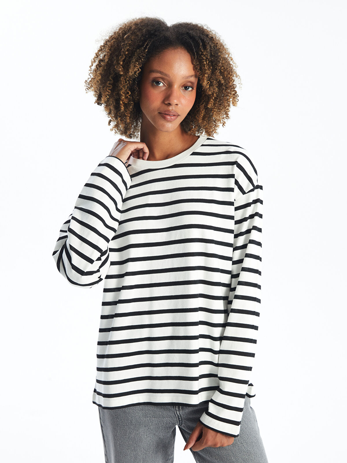 @ ___xsi XSIDE Bisiklet Yaka Çizgili Uzun Kollu Kadın Tişört -W46699Z8-R9J