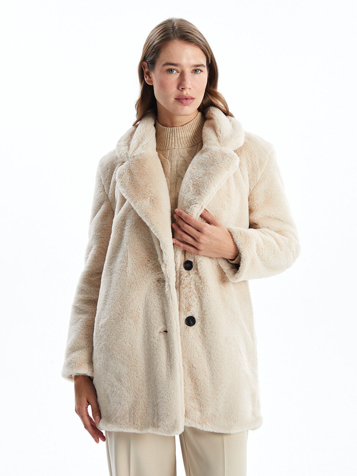 LCW Modest Jacket Neck Women's Fur Overcoat - W46744Z8-S36 | LC