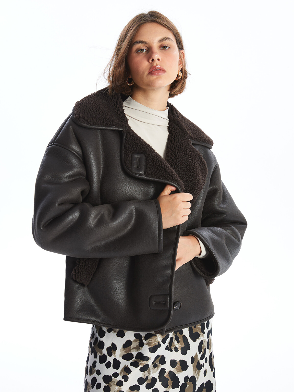 LCW Vision Jacket Neck Oversize Women's Faux Leather Coat