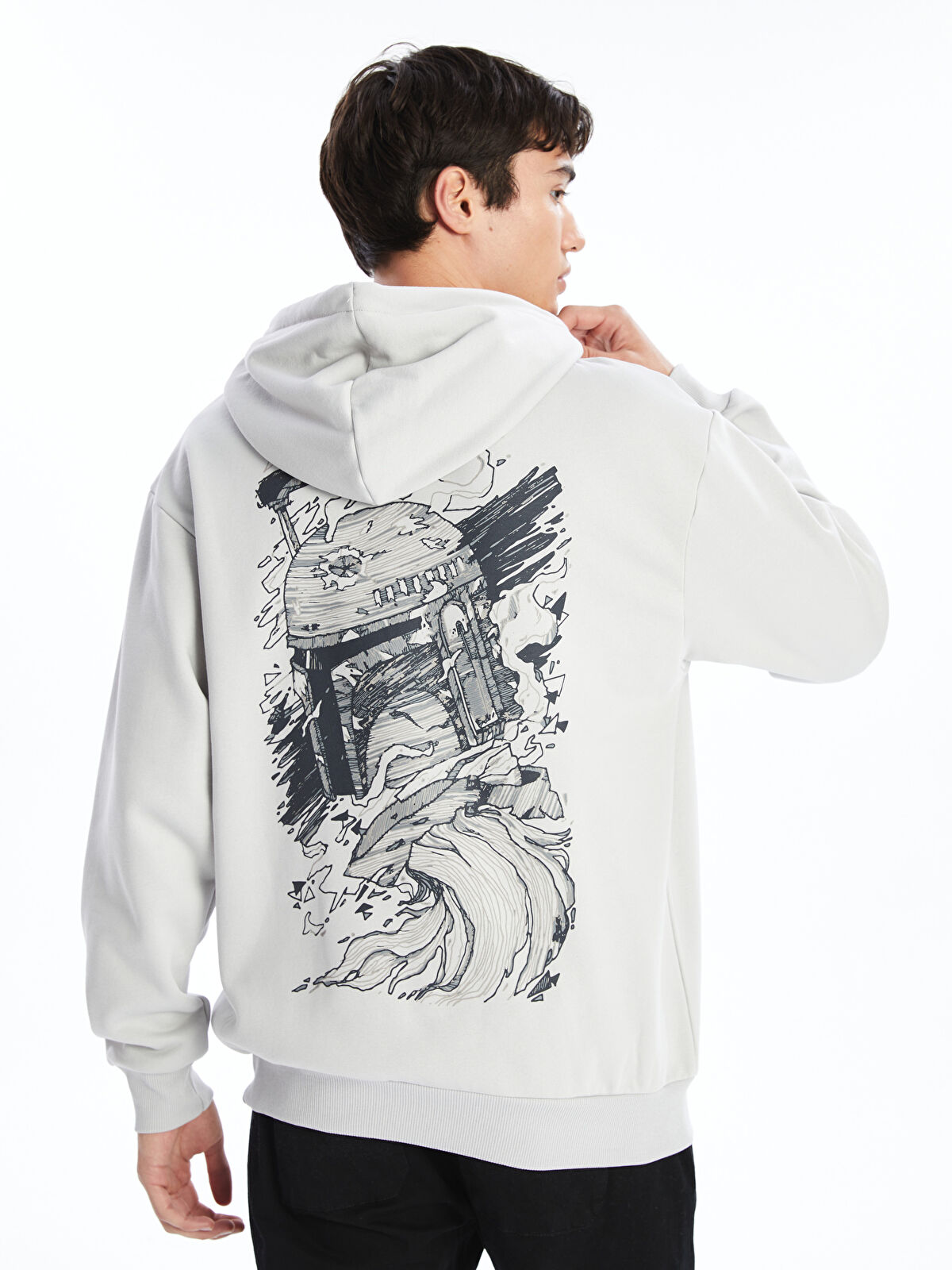 Gri Uzun Kollu Star Wars Baskılı Erkek Kalın Hoodie