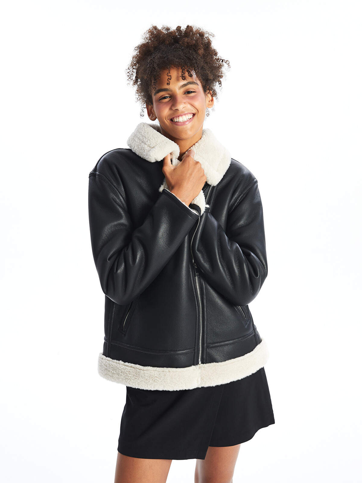 ★極美品★ Ameri VINTAGE RIDERS DOCKING COAT XSIDE Biker Neck Women's Faux Leather Coat - W4AH85Z8-CVL - LC Waikiki