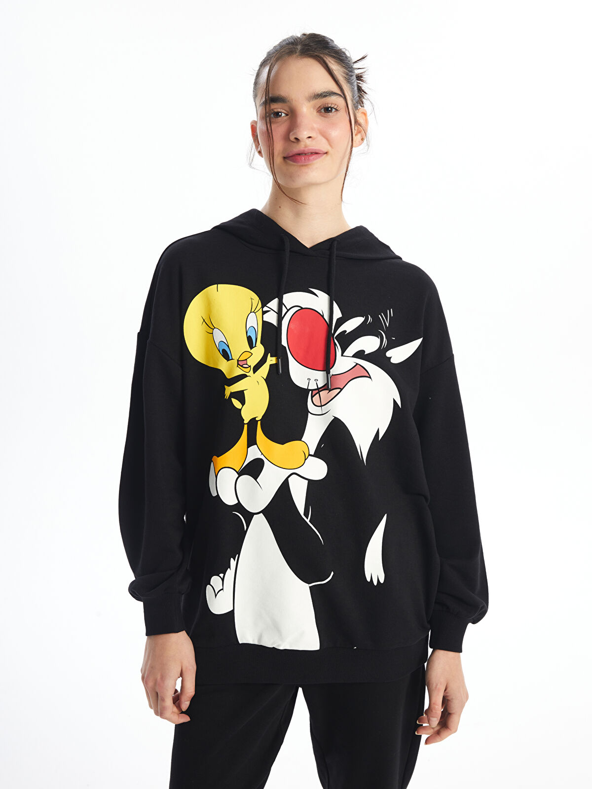 トップス LOONIE 2025AW LCW Vision Kapüşonlu Tweety Baskılı Oversize Kadın Kalın