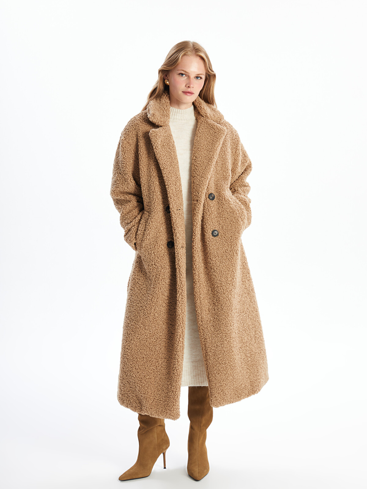 LCW Vision Jacket Lapel Collar Long Sleeve Plush Women's Coat