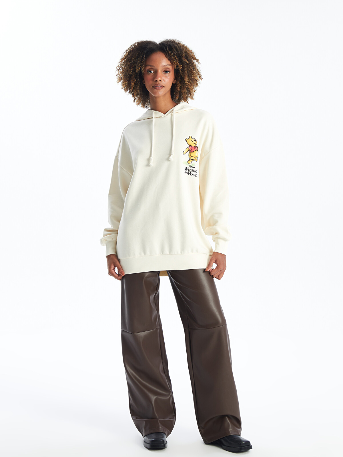 XSIDE Bej Winnie the Pooh Baskılı Oversize Kadın Kalın Hoodie