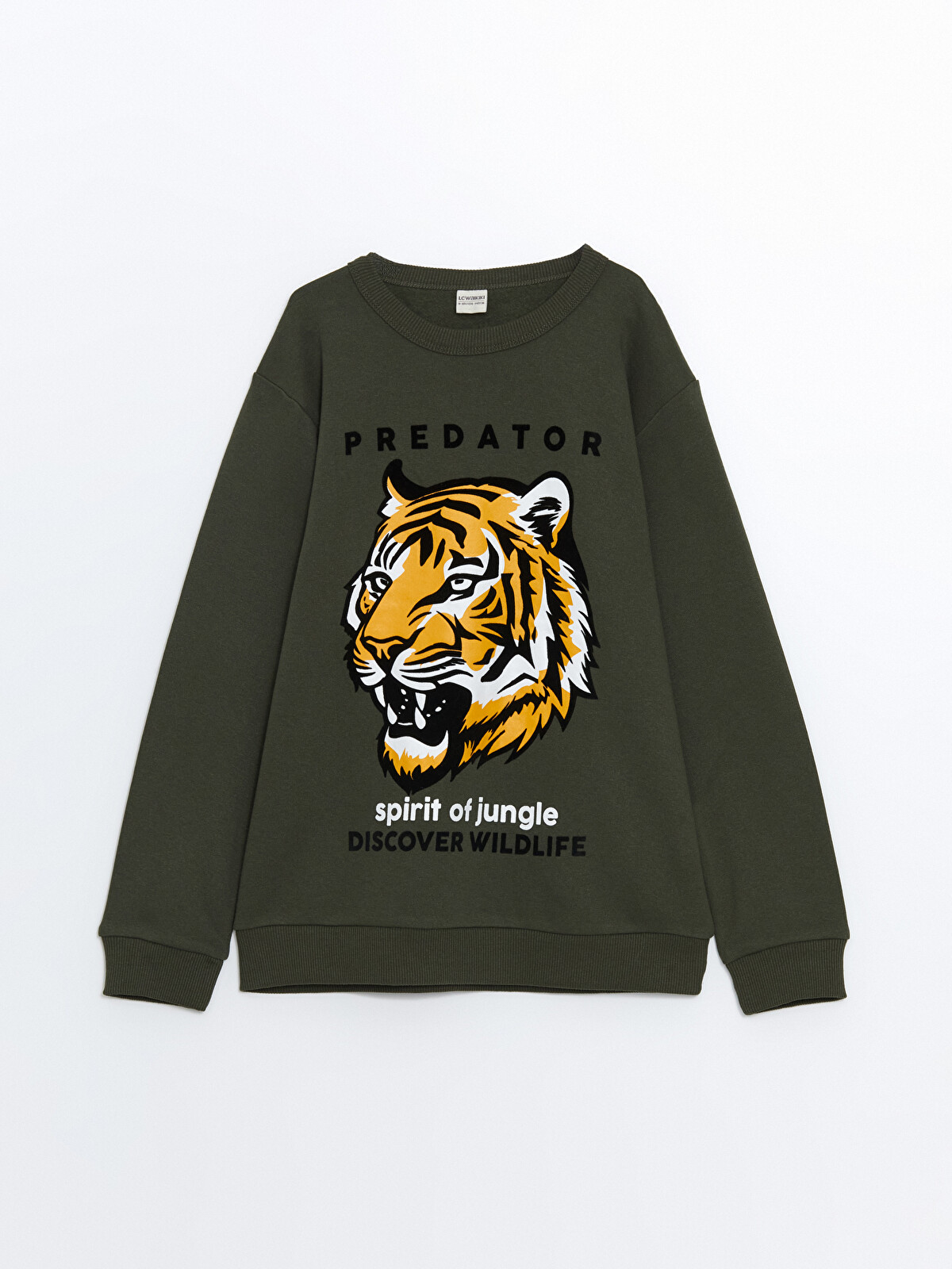 LCW Kids Yeşil Bisiklet Yaka Kaplan Baskılı Erkek Çocuk Sweatshirt