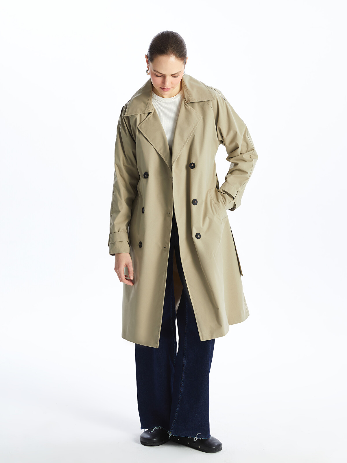 LCW Modest Haki Ceket Yaka Oversize Kadın Trençkot - W4BY49Z8-YHN