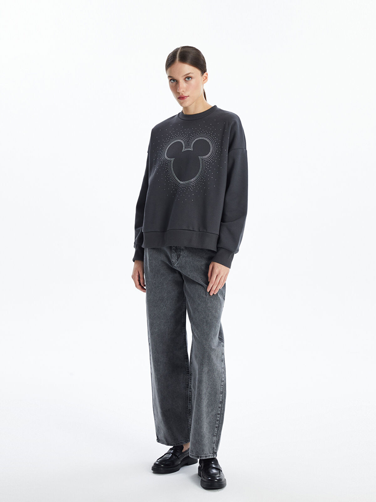 Crew Neck Mickey Mouse Printed Oversize Women's Thick