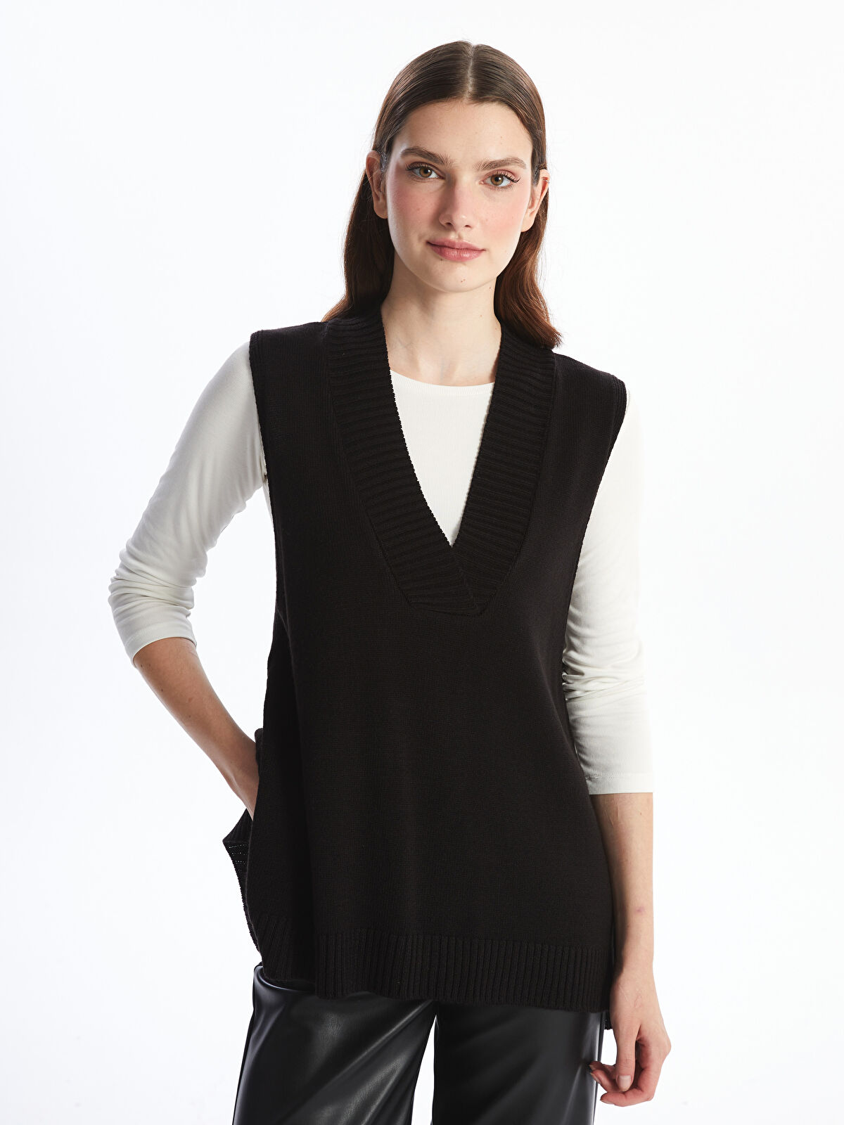 Gilet Sans Manches Col En V Style Britannique Pour Fille - Pull Tricoté Bouffant Noir, école, Décontracté, Fashion