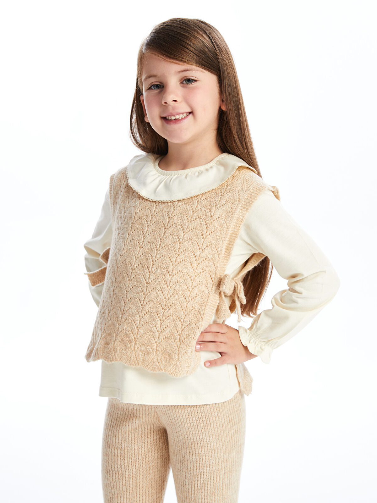 LCW Kids Ekru Bisiklet Yaka Desenli Kız Çocuk 3'lü Takım