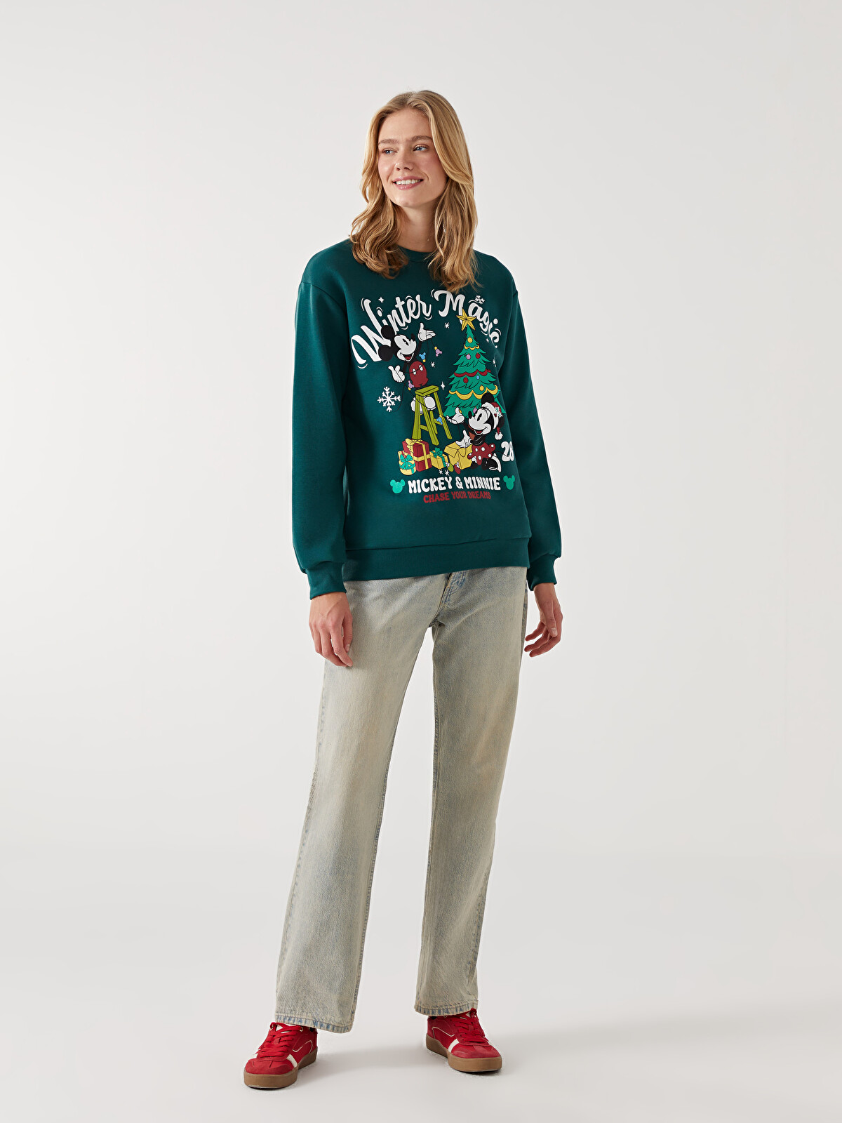 XSIDE Yeşil Bisiklet Yaka Mickey Ve Minnie Mouse Baskılı Oversize