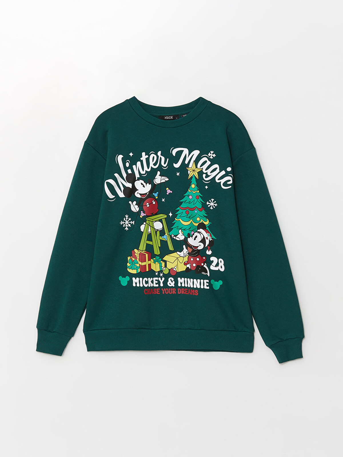 XSIDE Yeşil Bisiklet Yaka Mickey Ve Minnie Mouse Baskılı Oversize